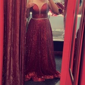 Red sparkly dress, long, formal.